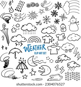 Digital hand drawn cute weather forecast seasonal illustration icon clip art set line art symbols drawing 