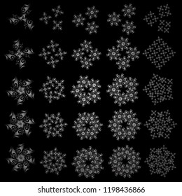 Digital hand drawn of element in the clean, whimsical and modern surface on black background in silver colors. 25 vector snowflakes and christmas winter set.