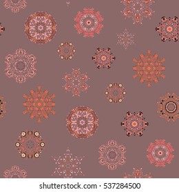 Digital hand drawn of element in the clean, whimsical and modern surface pattern on brown background. Vector snowflakes and christmas winter pattern.