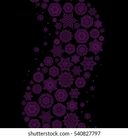 Digital hand drawn of element in the clean, whimsical and modern surface pattern on black background in purple colors. Vector snowflakes and christmas winter pattern.