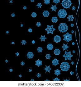 Digital hand drawn of element in the clean, whimsical and modern surface pattern on black background in blue colors. Vector snowflakes and christmas winter pattern.