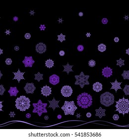 Digital hand drawn of element in the clean, whimsical and modern surface pattern on black background in violet colors. Vector snowflakes and christmas winter pattern.