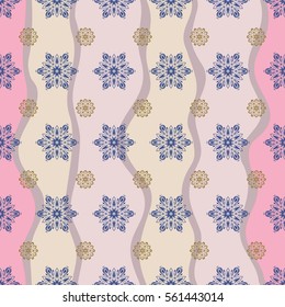 Digital hand drawn of element in the clean, whimsical and modern surface pattern on wave background in violet and brown colors. Vector snowflakes and christmas winter pattern.