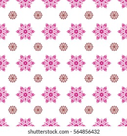 Digital hand drawn of element in the clean, whimsical and modern surface pattern on white background in magenta and red colors. Vector snowflakes and christmas winter pattern.