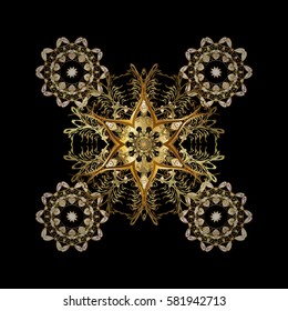 Digital hand drawn of element in the clean, whimsical and modern surface pattern on black background. Vector golden snowflakes and christmas winter pattern.