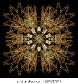 Digital hand drawn of element in the clean, whimsical and modern surface pattern on black background. Vector golden snowflakes and christmas winter pattern.