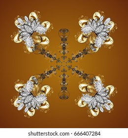 Digital hand drawn of element in the clean, whimsical and modern surface pattern on brown background. Vector golden snowflakes and christmas winter pattern.