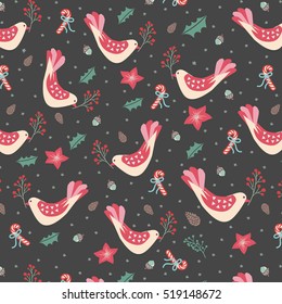 Digital hand drawn of festive motifs,dove,berry,acorn,pinecone,sugar cane,poinsettia for Merry Christmas surface pattern on fabric or paper wrapping.