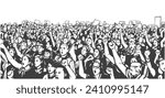 Digital hand drawn illustration of demonstrating crowd in black and white