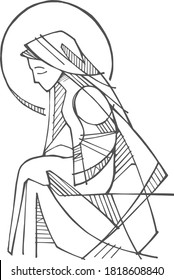 Digital hand drawn illustration or drawing of Virgin Mary