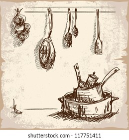Digital hand drawn sketch of various cooking tools. Array of pans