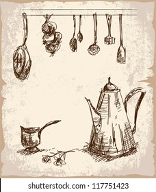 Digital hand drawn sketch of various cooking tools. Pot and saucer