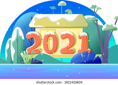 Ilustración vectorial dibujada a mano en frente de casas en el bosque en 2021