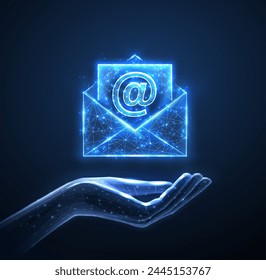 Digital hand and email sign. AI mailing, email icon, inbox logo, envelope symbol, e-mail mailbox, send notice, message receive, correspondence e, email address, AI newsletter concept