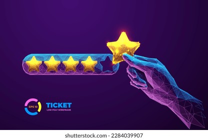 Digital hand giving five star rating. Futuristic Feedback concept. A person hand is holding a golden bright star. 3d polygonal vector illustration in blue purple colors. Low poly wireframe vivid style