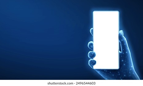 Digital hand hold mobile phone with blank screen on blue background. Smartphone app, social media, cellphone phone mockup, smart application, digital communication concept.