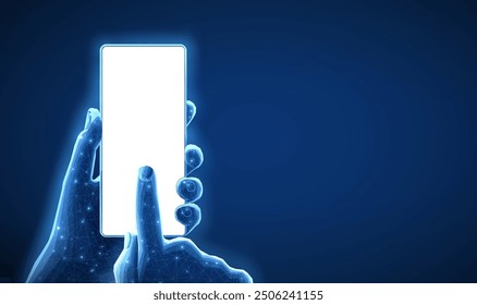 Digital hand hold mobile phone with blank screen on blue background. Smartphone app, social media, cellphone phone mockup, smart application, digital communication concept.