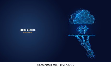 Digital hand holding cloud with two arrows up and down in dark blue. Cloud services, technology, computing, data storage concept. Abstract vector low poly wireframe with dots, lines, shapes and stars