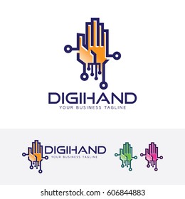 Digital hand logo design. Robot and Technology logo concept. Vector logo template