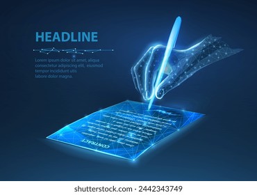 Digital hand with pan sign a document. Digital signature, E-contract, Sign document, Online approval, Virtual agreement, Report deal, Certificate application, Smart bank, Computer technology concept