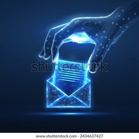 Digital hand put letter in to the envelop. AI mailing, email icon, inbox logo, envelope symbol, e-mail mailbox, send notice, message receive, correspondence e, email address, AI newsletter concept