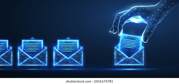 Digital hand put letters in to the envelops. AI mailing, email icon, inbox logo, envelope symbol, e-mail mailbox, send notice, message receive, correspondence e, email address, AI newsletter concept