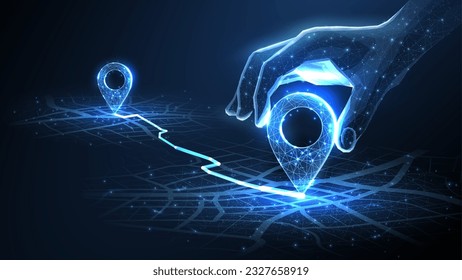 Digital hand set location on map with two pins. AI technology in GPs, innovation delivery, map location, future transport logistic, route path concept. GPs point. New office location, change address