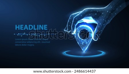 Digital hand set location on map with pin. AI technology in GPs, innovation delivery, map location, future transport logistic, route path concept. GPs point. New office location, change address