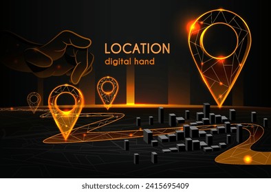 Digital hand set location pin on map. Futuristic banner with innovative AI GPS system for logistics, delivery and correct route. Navigation and orientation in space. Neon flat vector illustration