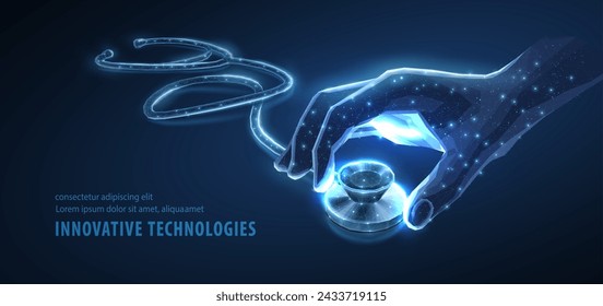 Digital hand with stethoscope. Medical tool, doctor checkup, AI in medicine, medic technology, online doctor, equipment innovation, background healthcare, medicine cardiologist, online clinic concept