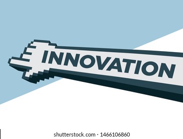 Digital hand with the text Innovation facing towards the future. Concept of transformation or become creative. Flat isolated vector illustration.  