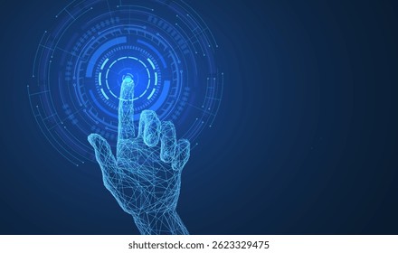 Digital hand touch. Technology innovation, AI system, futuristic innovative solution, tech industry, creative media, payment panel, conceptual idea, click action, digital connection concept
