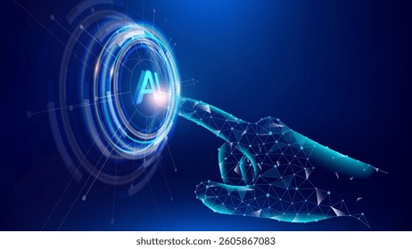 Digital hand touches AI icon on futuristic holographic screen with blue digital background. Hand interacting with a low-poly wireframe button, symbolizing AI technology and innovation.
