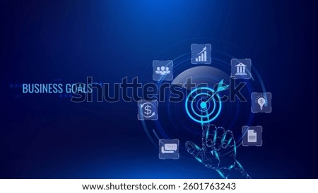 Digital hand touches target icon on blue futuristic background, symbolizing business goals, success, market trends in virtual interface. Represents technology-driven growth and strategic planning.