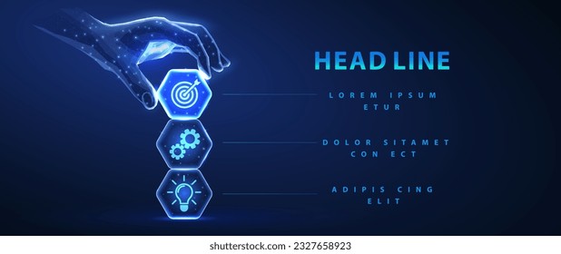 Digital hand and tree hex blocks with business plan icons. Digital businnes strategy, marketing research, mission building, modern development, AI technology in business planing.