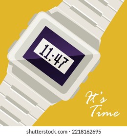Digital hand watch, concept of time - poster template, flat vector illustration. Wristwatch showing time. Deadline and time management banner.