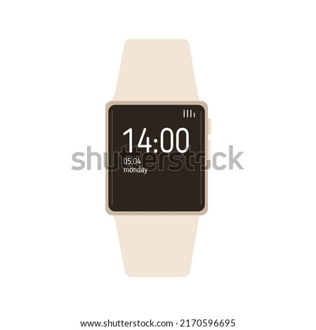 Digital hand watch. Smart watches device with screen. Electronic wristwatch, wrist clocks. Modern smartwatch with strap bracelet, display. Flat vector illustration isolated on white background