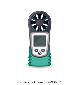 Digital handheld anemometer isolated on white. Wind speed meter, pocket sized for outdoor enthusiasts. For hang gliding, kite surfing, kite flying, sailing, surfing, paragliding and shooting. Vector