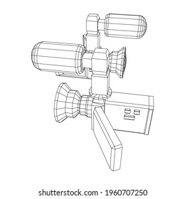 Digital hand-held video camera with rotating screen and external microphone. Wireframe low poly mesh vector illustration.
