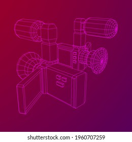 Digital hand-held video camera with rotating screen and external microphone. Wireframe low poly mesh vector illustration.