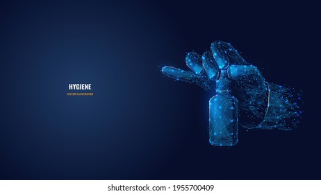 Sanitizador digital de mano. Resumen vectorial vectorial antiséptico marco de cables en azul oscuro. Higiene, desinfección, concepto de prevención. Malla baja de pólvora con puntos, líneas y formas parece un cielo estrellado 