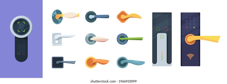 Digital handle doors. Steel and wooden doors handles for living rooms garish vector illustrations in flat style