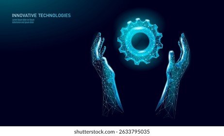 Digital hands holding cogwheel illustration. Polygonal arms support gear symbol technology. Engineering manufacturing solutions innovation development. Blue gradient dark vector background