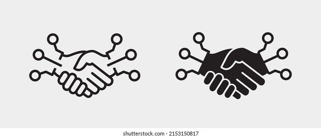 Digitales Handshake-Symbol. Schwarze Vektorgrafik einzeln auf weißem Hintergrund für Grafik und Webdesign.