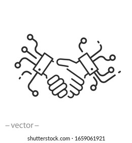 digital handshake icon, global partnership, trade revolution technology, intelligence artificial, thin line web symbol on white background - editable stroke vector illustration eps10