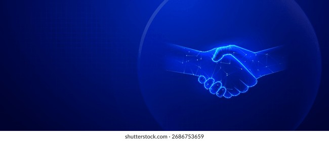 Aperto de mão digital sobre um plano de fundo azul representando o acordo e a parceria