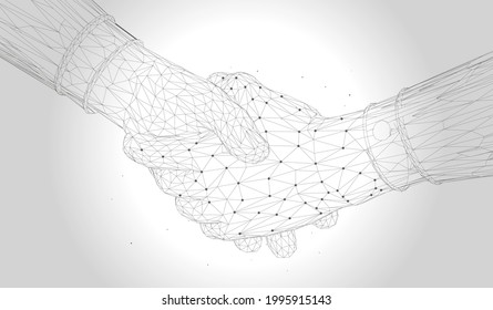 Digital handshake - Wireframe technology illustration of two people shaking hands. Vector.