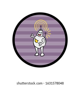 Digital happy modern round robot standing and emitting signal, simple circle logo decoration. Electric wireless humanoid assistant, hand drawn illustration.