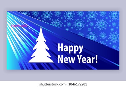 digital happy new year vector card, white tree vector, business greetings, digitally bright blue snowflakes vector background, festive winter holidays greetings, virtual vector background 