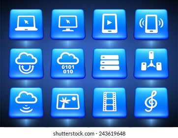 Digital Hardware and Internet Technology on Blue Square Buttons